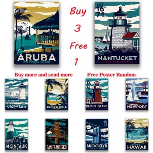 City Travel Poster Hand Painted Tourist Attractions Vintage White Coated Pub Cafe Bedroom Home Decor Wall Sticker