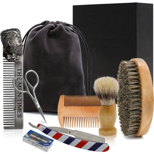 Professional Soft Boar Bristle Wood Beard Brush Barber Shaving Tool Men Mustache Comb Kit with Gift Bag Beard Hair Comb Set