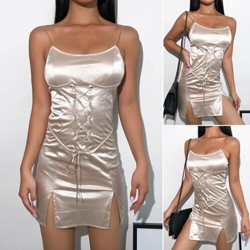 Silk Satin Girdle Bodycon Dress Women Spaghetti Strap Backless Party Dress Split Out Summer Beach Mini Dress