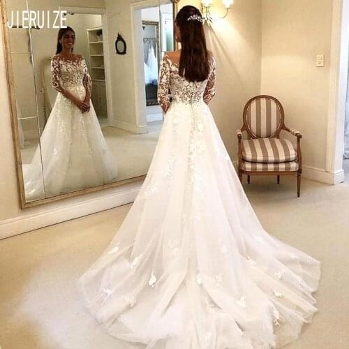 JIERUIZE Romantic Illusion Wedding Dresses Long Sleeve Scoop Neck Appliques Button Back Lace A Line Bobo Wedding Bridal Gowns