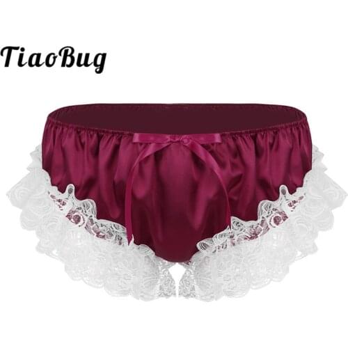 TiaoBug New Men Shiny Soft Ruffle Floral Lace Satin Sissy Panties Lingerie Low Rise Stretchy Briefs Hot Sexy Gay Male Underwear