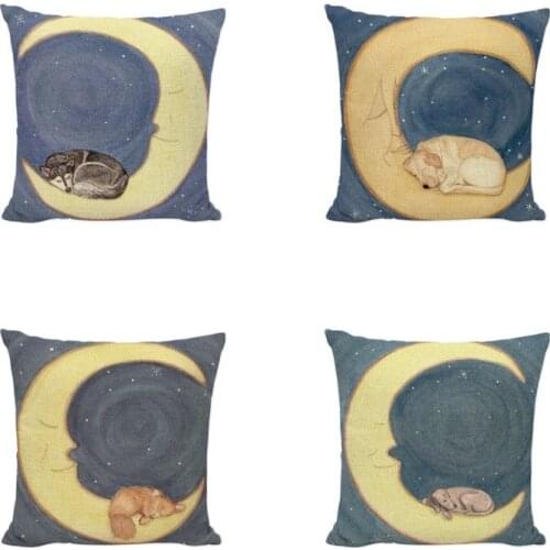 Lovely Animal Throw Cushion Cover Oil Painting Dogs Pillowcases Dog Bear Moon Grass Home Office Decorate Cotton Pack of 4