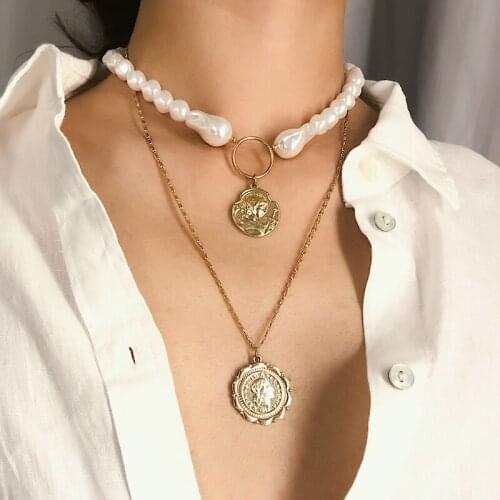 VSnow Punk Double Layer Irregular Baroque Pearl Head Portrait Pendant Necklace for Women Metal Choker Necklaces Jewelry Gifts