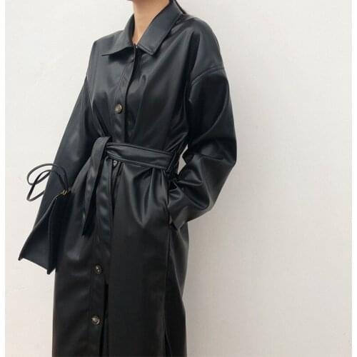 Long PU Leather Long Jacket 2021 New Spring Women Loose Belt Faux Leather Windbreaker Trench Coat Slim Autumn Casual Outerwear