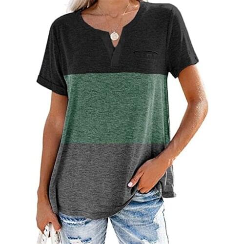 Women Summer Short Sleeve Color Block T Shirts With Pocket V Neck Casual Loose Tunic Tops Patchwork Pullover Blouses Tees