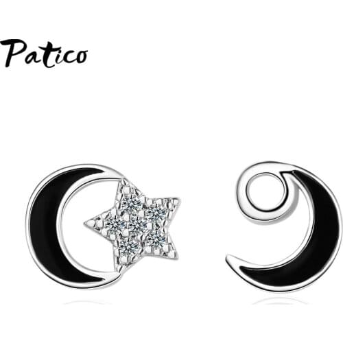 Korean Style 925 Sterling Sliver Small Mini Cute Luxury Moon Star CZ Stud Earrings For Women Female Ear Studs Jewelry