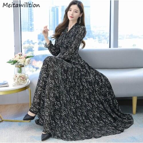 Summer Autumn Women Floral Party Dresses 2021 Casual Korean Long Sleeve Chiffon Dress Vintage Long Maxi Vestidos Plus Size