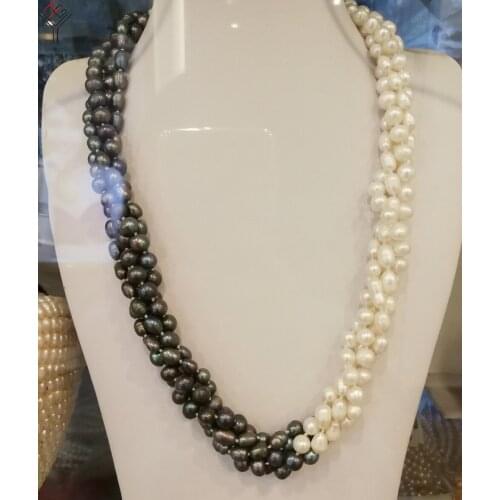 Women Jewelry 3 rows necklace oval pearl white black half mixed handmade Real cultured freshwater pearl gift