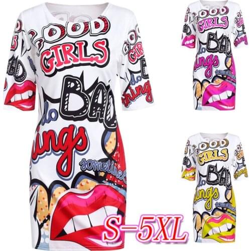 2020 Womens Funny Print Summer Dress Cartoon Hip Hop Lips Mini Dress Club Party Gown Large Size T-Shirt Dress