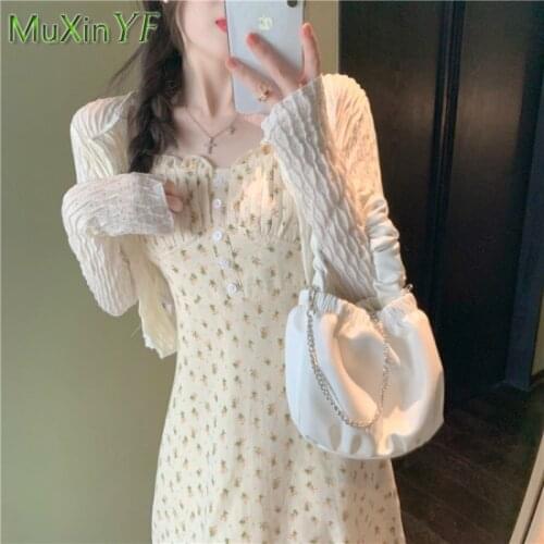 Womens Dress Suit 2021 New Slim Plus Size Cardigan Printed Suspender Skirt Two-piece Spring Autumn Apricot Top Dresses Suit