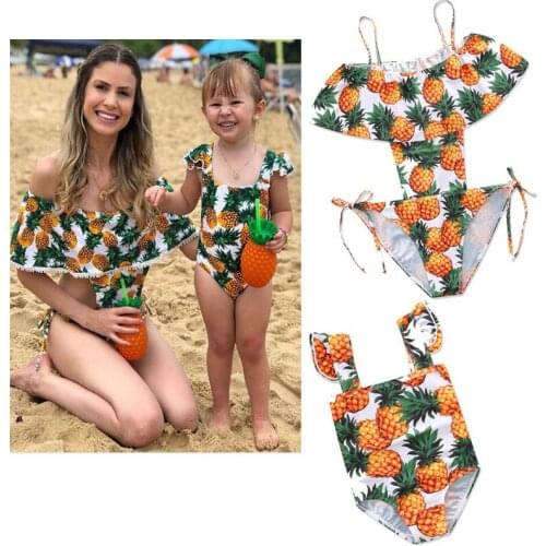 2018 Fashion family matching outfits Mom and me bikini mother daughter swimwear Mom Ruffles Off shoulder girl Pull up one peace