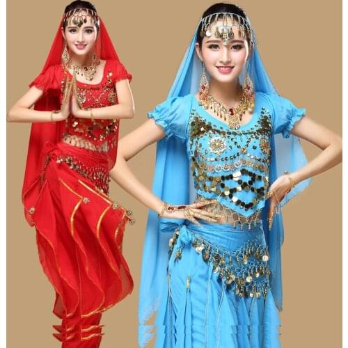 4pcs/Set Women Belly Dance Costumes Woman Belly Dance Dress Adult Bellydance Costumes Lady Stage Clothes Top Skirt Belt Veil