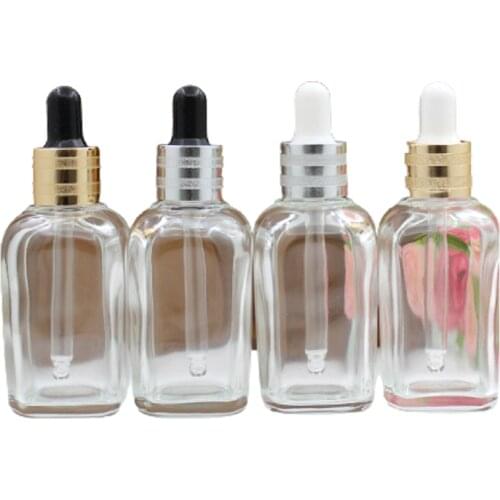 50ml Clear Square Glass Bottles Dropper Essential Oil Vials Gold Silver Lid Black white Top Travel Cosmetic Container 10pieces