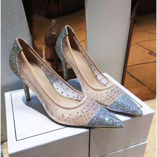 Free shipping fashion women pumps Mesh crystal Rhinestone pointy toe stiletto heels bridal wedding shoes