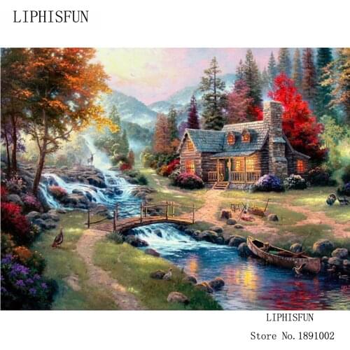 DIY Diamond Painting Rural Landscape Cross Stitch Resin Full Rhinestone Diamond Embroidery Paintings Scenery Cabin River Decor