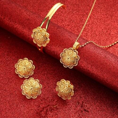 Ethiopian Jewelry Sets Pendant Necklace Earring Ring Gold Gifts for Women African Eritrea Dubai Habesha Bridal Set