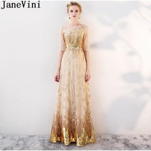 JaneVini Shinning Gold Sequins Long Bridesmaids Dresses With Half Sleeves 2019 Ladies Godmother Wedding Party Dress Damigella