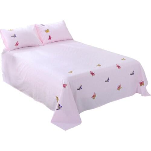 Light pink pastoral embroidery butterfly cotton twill sheets bed Linens bedding set For home