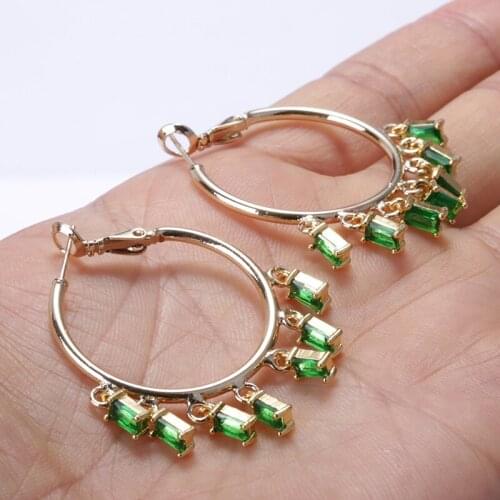 Multiple retro green rectangle glass crystal beads dangle chandelier charm gold big hoop woman earring elegant gift jewelry