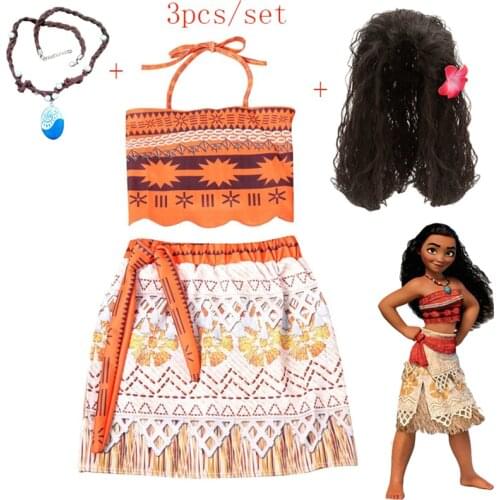 Baby Girls Clothes Moana Cosplay Costume Kids Princess Dress for Girl Children Vaiana Party Clothing with Necklace Wig Costumes