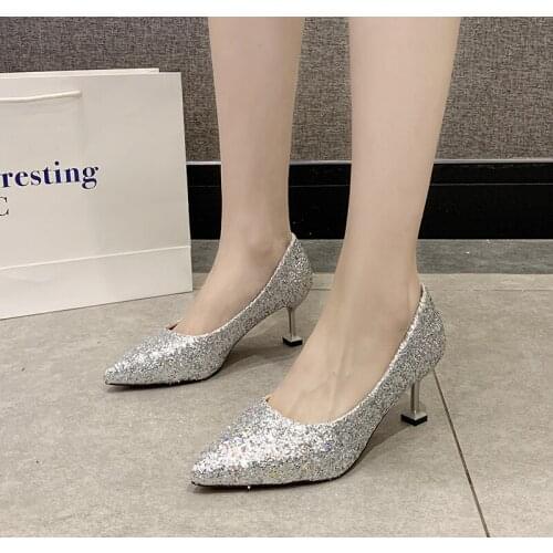 2020 autumn new fashion sequins high heels Korean version of the wild pointed shallow mouth banquet wedding shoes U22-43