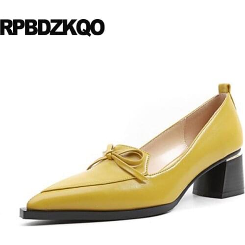 Luxury Bow Pointed Toe Plus Size Medium Heels 4 34 10 42 Yellow Block Slip On Shoes Genuine Leather Thick Big Women Pumps 2021