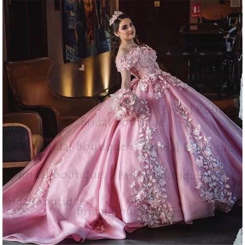 Princess Pink Quinceanera Dresses Off Shoulder 15 Party Sparkly Birthday Gowns Sweet 16 Debutante