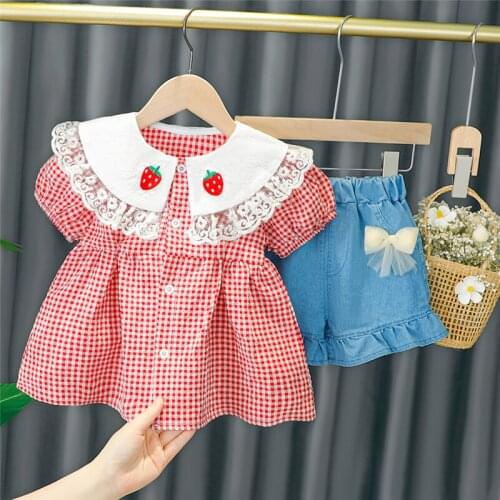 LISUNNY Baby Girls Clothing Sets Summer Plaid Strawberry Lace Toddler Infant Shirt Denim Shorts Children Kids Casual Clothes
