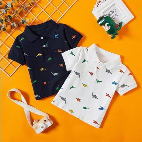 Children Baby Cotton Dinosaur Print Polo Shirt Gentleman Lapel Blouse Solid Color Short-sleeved Casual Top Kid Clothing For Boy