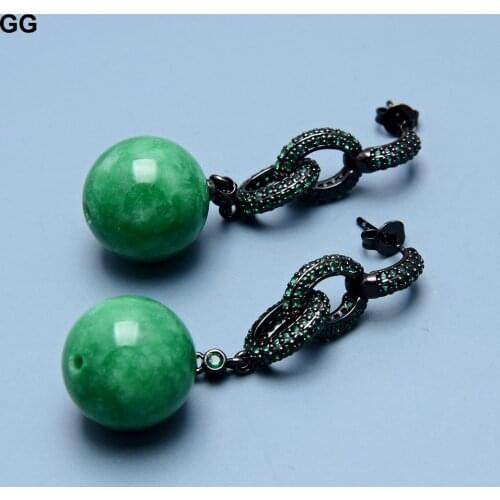GuaiGuai Jewelry Green Round Jade Green CZ Pave Gunmetal Color Plated Loop Stud Earrings Luxulry For Women