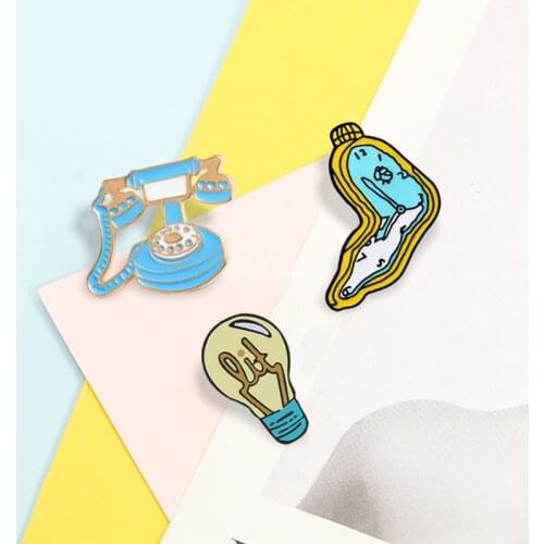 Twisted Clock Enamel Pins Telephone Light Bulb Fashion Brooch Badge Bckpack Jackets Collar Lapel Button Pin Jewelry Accessories