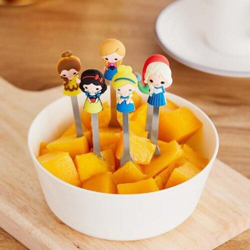 Cute Cartoon Princess Stainless Steel Dessert Fruit Forks with Holder Set Mini Salad Fruit Fork Food Flatware 6pcs/Set