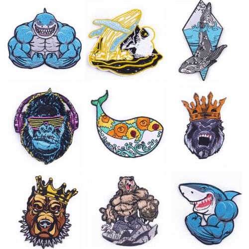 Bear/Shark Embroidered Patches Sewing On Clothing Orangutan Stripe Badge Applique Whale Stickers Iron On Patches For Clothes Diy