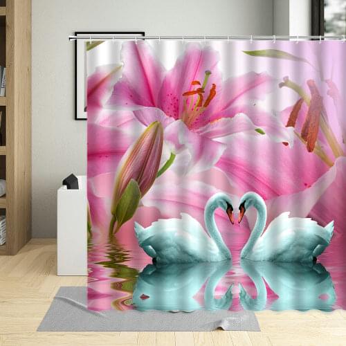 Flower Swans 3D Printing Curtain Bathroom Decors Waterproof Bathtub Decor Couple Heart Shower Curtains Polyester