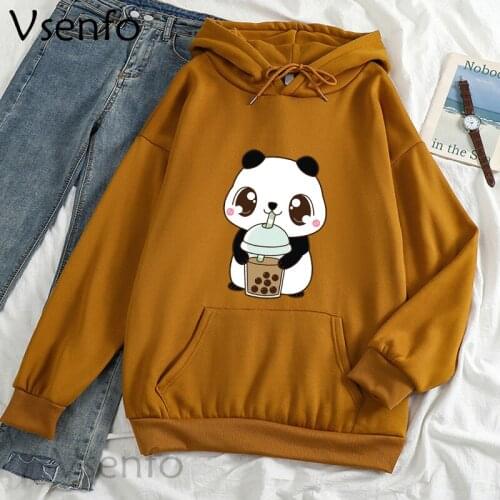 Cute Panda Drinking Milk Tea Kawaii Clothes Funny Panda Bubble Boba Harajuku Hoodie Streetwear Women Girls Fleece Sweatshirts