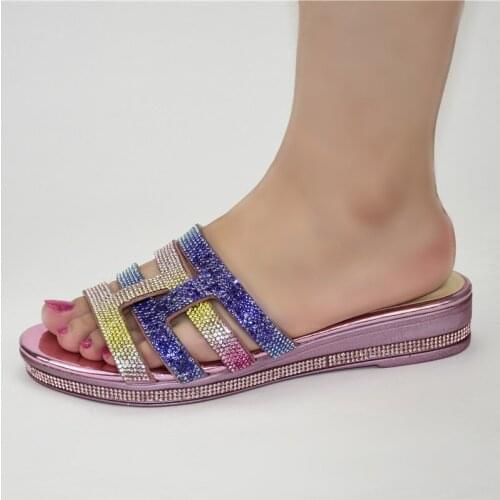Nice Pink African Womens Medium Heel Casual Slippers Shoes With Rhinestones 222-8 Heel Height 3.5CM