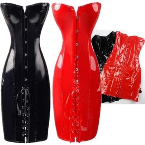 Zip Up Women Corsets & Bustiers Sexy Wetlook Vinyl PVC Dress Slimming Body Shapewear Faux Leather Overbust Corset