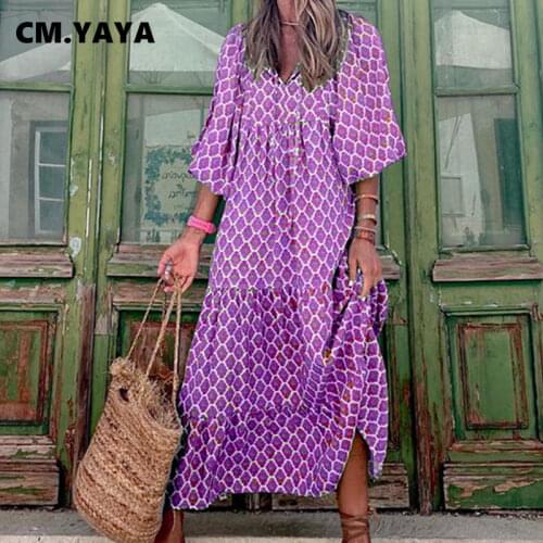CM.YAYA Women Long Dress Print Half Sleeve V-neck Loose Maxi Dresses Vintage Fashion Vestidos Casual Outfits Autumn 2021