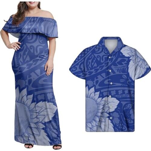HYCOOL Sunflower Print Blue Summer Casual Maxi Dress & Men Plus Size Button Shirt Custom Couples Sets Sexy Off Shoulder Dresses