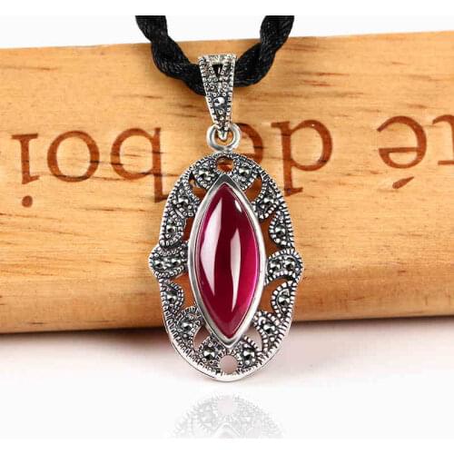 ZHJIASHUN Vintage 100% 925 Sterling Silver Natural Ruby Pendant Necklace Retro Red Gemstones Pendants Jewelry For Women