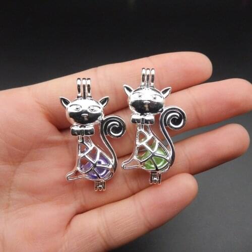 10pcs silver cat pearl cage necklace pendant, aromatic oil disperser adds your own pearl, stone makes it more attractive