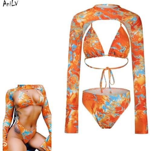 AniLV Summer Vacation Pool Party Women Bikini Swimsuit Costume Beach Girl Three-piece Halter Swimwear Uniform Set