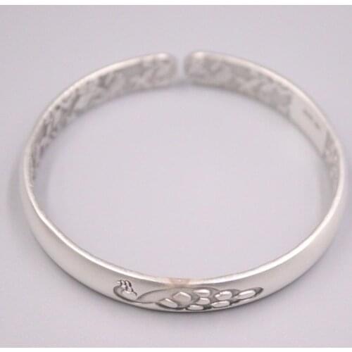 New Pure 999 Fine Silver Bracelet 8mm Peacock Pattern Cuff Bangle 55-62mm About 28g