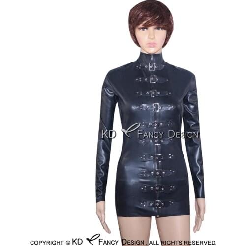 Black Sexy Latex Jacket With Buckles Zipper At Front High Collar Rubber Coat YF-0024
