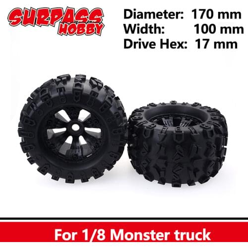 SURPASS HOBBY 2PCS 170MM 1/8 Monster Truck Wheels Tires 17mm Hex Wheel for RC Axial SCX10 Savage XL MOUNTED GT FLUX HSP HPI
