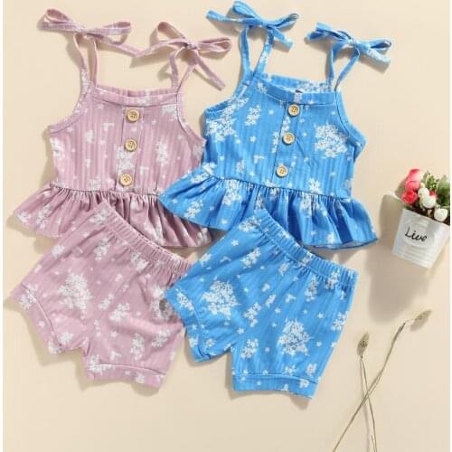 2Pcs Baby Girls Summer Outfit Floral Tied Spaghetti Strap Tank Tops Elastic Waist Shorts cotton Babys Sets