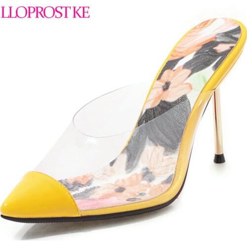 Lloprost ke 2019 Sexy Women Heels Mules Transparent Shoes Summer Stiletto High Heel Pumps Pointed Toe Womens Shoes Yellow Pink