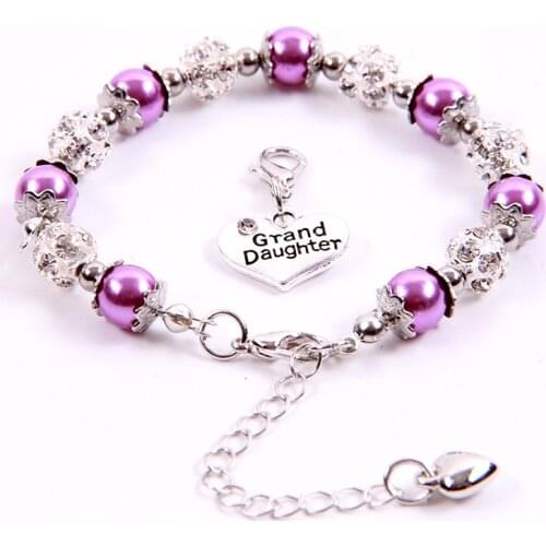 Fashion Granddaughter pearl Bracelet Gift Rhinestone Crystal Balls Faux Pearls Jewelry Beaded Handmade Lobster Heart Charm Girls
