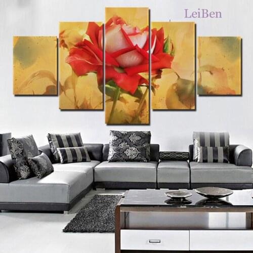 Five piece set of HD plant flower modular pictures red rose romantic canvas painting poster mural home decoration living room