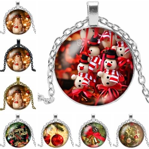 2019 New Christmas Gift Glass Cabochon Pendant Necklace New Year Santa Claus Gift Jewelry Necklace for Children